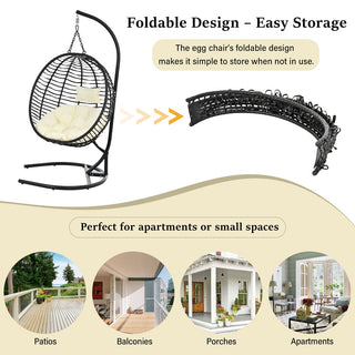 Single Folding Wicker Hanging Egg Chair with Stand, Indoor Outdoor Swing Hammock Chair, Adjustable Anti-Slip Feet for Balcony Bedroom Patio