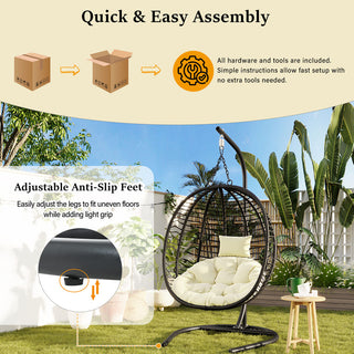 Single Folding Wicker Hanging Egg Chair with Stand, Indoor Outdoor Swing Hammock Chair, Adjustable Anti-Slip Feet for Balcony Bedroom Patio