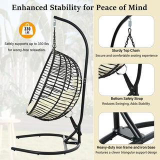 Single Folding Wicker Hanging Egg Chair with Stand, Indoor Outdoor Swing Hammock Chair, Adjustable Anti-Slip Feet for Balcony Bedroom Patio