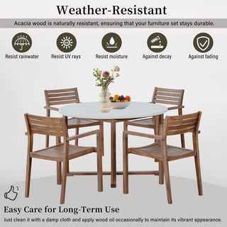 5-Piece Acacia Wood Outdoor Dining Set, Round Slatted Table & 4 Patio Chairs for Garden Pool Lawn Indoor