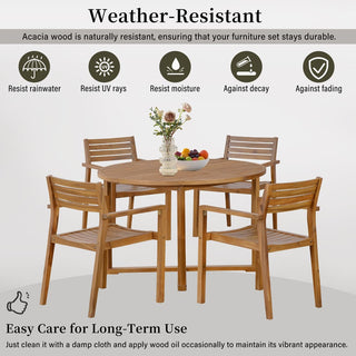 5-Piece Acacia Wood Outdoor Dining Set, Round Slatted Table & 4 Patio Chairs for Garden Pool Lawn Indoor