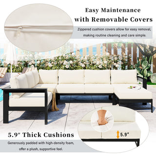 U-Shaped All Weather Patio Sectional Sofa Set, 5-6 Seater Outdoor Conversation Couch with 5.9" Thick Cushions & Heavy Duty Iron Frame for Garden Backyard Poolside