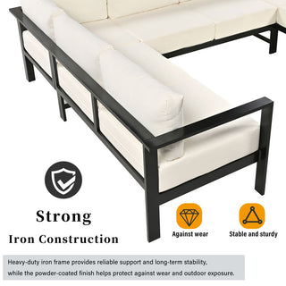 U-Shaped All Weather Patio Sectional Sofa Set, 5-6 Seater Outdoor Conversation Couch with 5.9" Thick Cushions & Heavy Duty Iron Frame for Garden Backyard Poolside