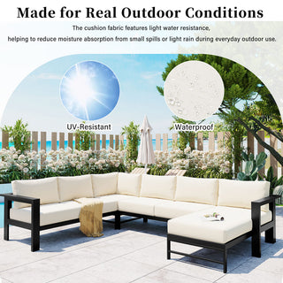 U-Shaped All Weather Patio Sectional Sofa Set, 5-6 Seater Outdoor Conversation Couch with 5.9" Thick Cushions & Heavy Duty Iron Frame for Garden Backyard Poolside