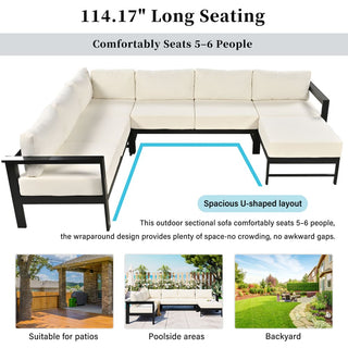 U-Shaped All Weather Patio Sectional Sofa Set, 5-6 Seater Outdoor Conversation Couch with 5.9" Thick Cushions & Heavy Duty Iron Frame for Garden Backyard Poolside