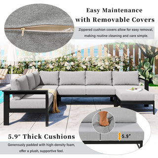 U-Shaped All Weather Patio Sectional Sofa Set, 5-6 Seater Outdoor Conversation Couch with 5.9" Thick Cushions & Heavy Duty Iron Frame for Garden Backyard Poolside