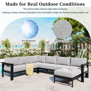U-Shaped All Weather Patio Sectional Sofa Set, 5-6 Seater Outdoor Conversation Couch with 5.9" Thick Cushions & Heavy Duty Iron Frame for Garden Backyard Poolside