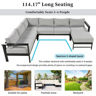 U-Shaped All Weather Patio Sectional Sofa Set, 5-6 Seater Outdoor Conversation Couch with 5.9" Thick Cushions & Heavy Duty Iron Frame for Garden Backyard Poolside