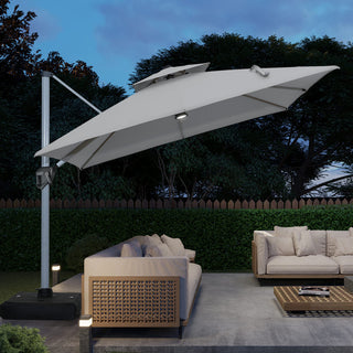 11ft Square Double-Tier Patio Umbrella with LED Lights – Red & Grey Outdoor Market Umbrella (Base Not Included)