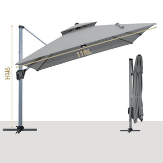 11ft Square Double-Tier Patio Umbrella with LED Lights – Red & Grey Outdoor Market Umbrella (Base Not Included)