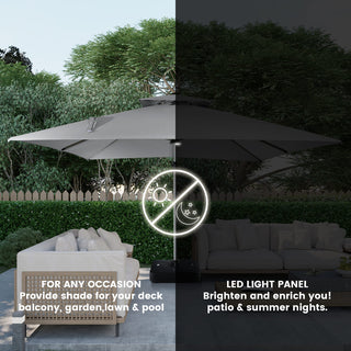 11ft Square Double-Tier Patio Umbrella with LED Lights – Red & Grey Outdoor Market Umbrella (Base Not Included)