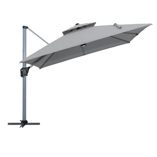 11ft Square Double-Tier Patio Umbrella with LED Lights – Red & Grey Outdoor Market Umbrella (Base Not Included)