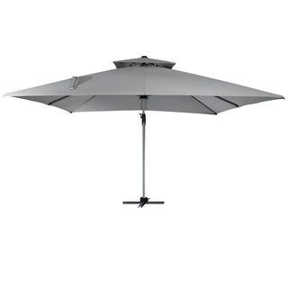 11ft Square Double-Tier Patio Umbrella with LED Lights – Red & Grey Outdoor Market Umbrella (Base Not Included)