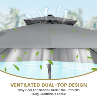 11ft Square Double-Tier Patio Umbrella with LED Lights – Red & Grey Outdoor Market Umbrella (Base Not Included)