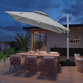 11ft Square Double-Tier Patio Umbrella with LED Lights – Red & Grey Outdoor Market Umbrella (Base Not Included)