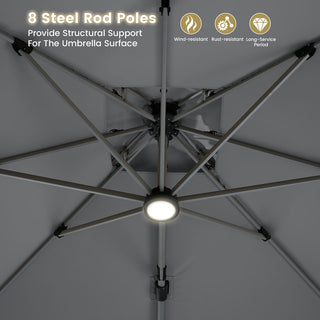 11ft Square Double-Tier Patio Umbrella with LED Lights – Red & Grey Outdoor Market Umbrella (Base Not Included)