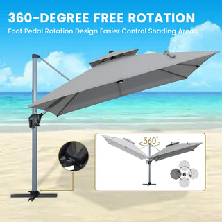 11ft Square Double-Tier Patio Umbrella with LED Lights – Red & Grey Outdoor Market Umbrella (Base Not Included)