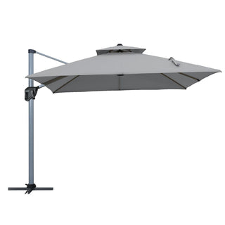 11ft Square Double-Tier Patio Umbrella with LED Lights – Red & Grey Outdoor Market Umbrella (Base Not Included)