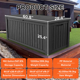 150 Gal. Resin Outdoor Deck Box with Lockable Lid, Large Patio Storage Bench for Cushions, Pillows & Outdoor Essentials