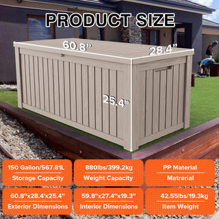 150 Gal. Resin Outdoor Deck Box with Lockable Lid, Large Patio Storage Bench for Cushions, Pillows & Outdoor Essentials