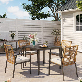5-Piece Wicker Patio Dining Set with Cushioned Chairs & Square Table with Umbrella Hole for Backyard, Garden & Poolside