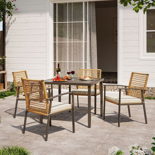 5-Piece Wicker Patio Dining Set with Cushioned Chairs & Square Table with Umbrella Hole for Backyard, Garden & Poolside