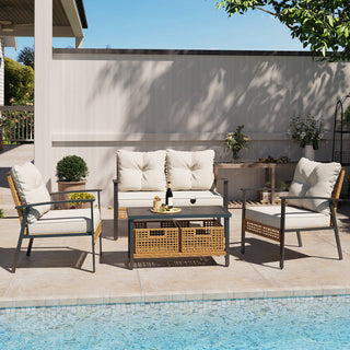 4-Piece Oversized Wicker Patio Conversation Set with Cushions & 2-Tier Storage Coffee Table for Outdoor Living