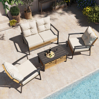 4-Piece Oversized Wicker Patio Conversation Set with Cushions & 2-Tier Storage Coffee Table for Outdoor Living