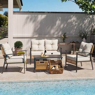 4-Piece Oversized Wicker Patio Conversation Set with Cushions & 2-Tier Storage Coffee Table for Outdoor Living