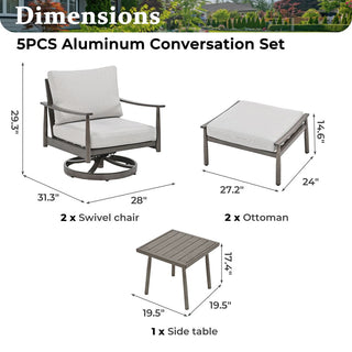 5-Piece Aluminum Outdoor Patio Conversation Set with Swivel Chairs, Ottomans & Side Table for Backyard & Poolside