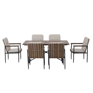 7-Piece Outdoor Patio Dining Set with Wooden Table & Umbrella Hole | 6 Wicker Chairs with Aluminum Frame & Olefin Cushions