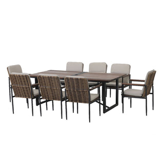 9-Piece Outdoor Patio Dining Furniture Set with Wooden Table, Umbrella Hole, Aluminum Frame Wicker Chairs & Olefin Cushions