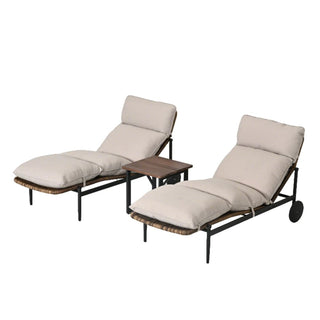 3-Piece Aluminum Rattan Patio Chaise Lounges With Rectangular Table And Light Gray Cushions