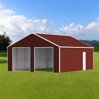 22ft x 23ft Double Garage Steel Barn Shed – Heavy-Duty Red-Brown Metal Storage Garage