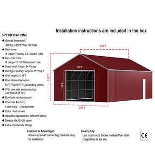 46ft x 25ft Heavy Duty Metal Garage – Steel Reinforced Storage Building for Vehicles & Equipment