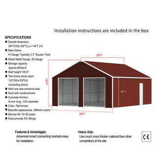 33FT x 25FT Heavy-Duty Metal Garage Barn with Reinforced Steel Frame & Dual Doors – Large Storage Shed for Vehicles