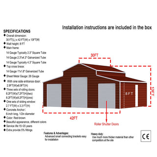 42FT x 30FT Heavy-Duty Metal Garage Shed with Weather-Resistant Steel Frame for Home, Farm & Commercial Storage – Forklift or Crane Required for Unloading