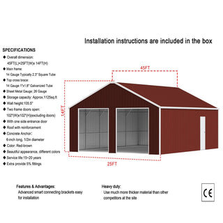 45ft x 25ft Heavy Duty Metal Garage Barn – Durable Steel Outdoor Storage Shed