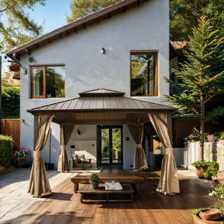 Aetherdome 12x12 FT Aluminum Hardtop Gazebo with Double Roof, Curtains & Netting