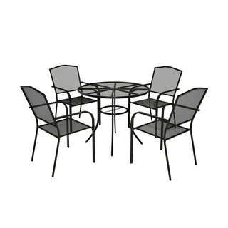 5-Piece Black Steel Mesh Outdoor Dining Set with 29.5" Round Table & Umbrella Hole, Patio Dining Chairs Set for Garden & Backyard