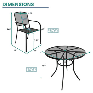 5-Piece Black Steel Mesh Outdoor Dining Set with 29.5" Round Table & Umbrella Hole, Patio Dining Chairs Set for Garden & Backyard