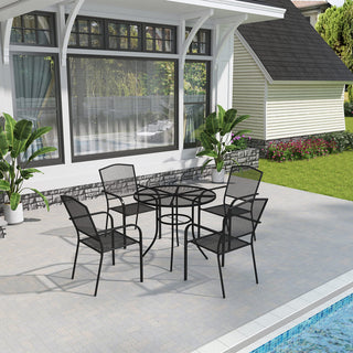 5-Piece Black Steel Mesh Outdoor Dining Set with 29.5" Round Table & Umbrella Hole, Patio Dining Chairs Set for Garden & Backyard