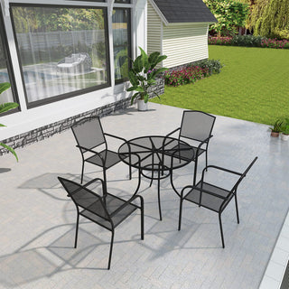 5-Piece Black Steel Mesh Outdoor Dining Set with 29.5" Round Table & Umbrella Hole, Patio Dining Chairs Set for Garden & Backyard