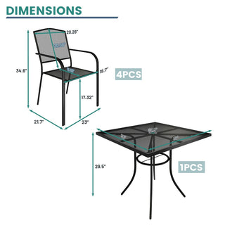 5-Piece Black Steel Mesh Patio Dining Set with 36in Square Table & Umbrella Hole Outdoor Dining Set for Garden, Deck & Backyard