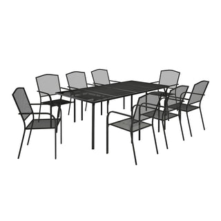 9-Piece Black Steel Mesh Patio Dining Set with Rectangle Dining Table & 8 Chairs for Outdoor Garden, Deck & Backyard