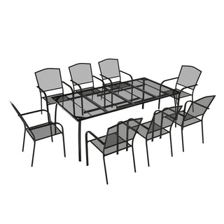 9-Piece Black Steel Mesh Patio Dining Set with Rectangle Dining Table & 8 Chairs for Outdoor Garden, Deck & Backyard