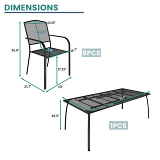 9-Piece Black Steel Mesh Patio Dining Set with Rectangle Dining Table & 8 Chairs for Outdoor Garden, Deck & Backyard