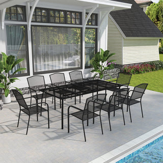 9-Piece Black Steel Mesh Patio Dining Set with Rectangle Dining Table & 8 Chairs for Outdoor Garden, Deck & Backyard
