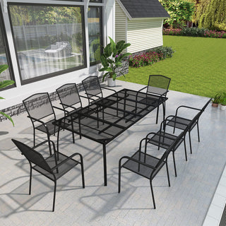 9-Piece Black Steel Mesh Patio Dining Set with Rectangle Dining Table & 8 Chairs for Outdoor Garden, Deck & Backyard