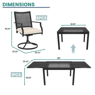 7-Piece Black Metal Patio Dining Set – Extendable Table with Swivel Dining Chairs & Cushions for Outdoor Patio, Deck & Garden